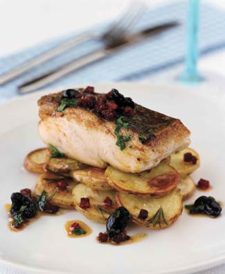 Crispy Hake with Chorizo and Black Olive Dressing